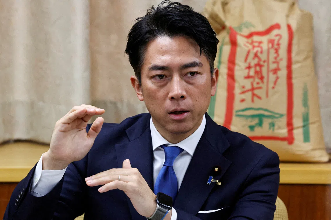 FILE PHOTO: Japanese Agriculture, Forestry and Fisheries Minister Shinjiro Koizumi speaks during a tasting event of stockpiled rice in Tokyo, Japan May 29, 2025. REUTERS/Kim Kyung-Hoon/File Photo
