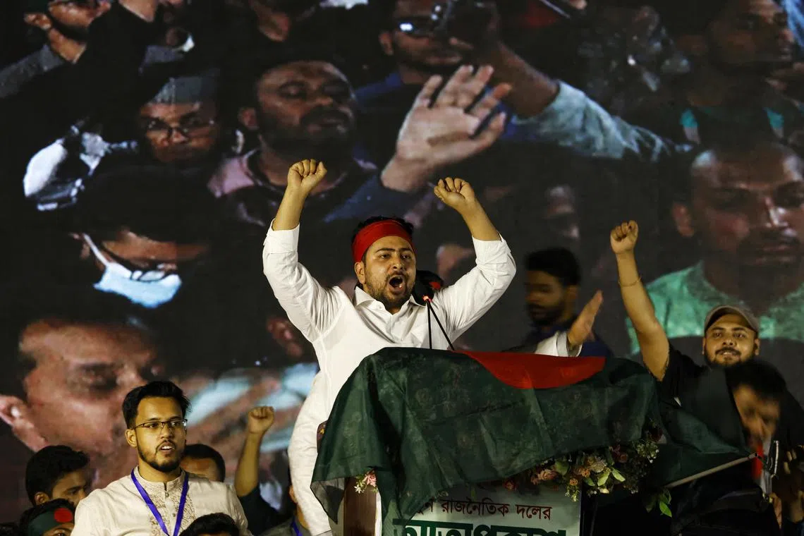 Party convener Nahid Islam shouting slogans at an inauguration event for the students' new party, in Dhaka, on Feb 28.