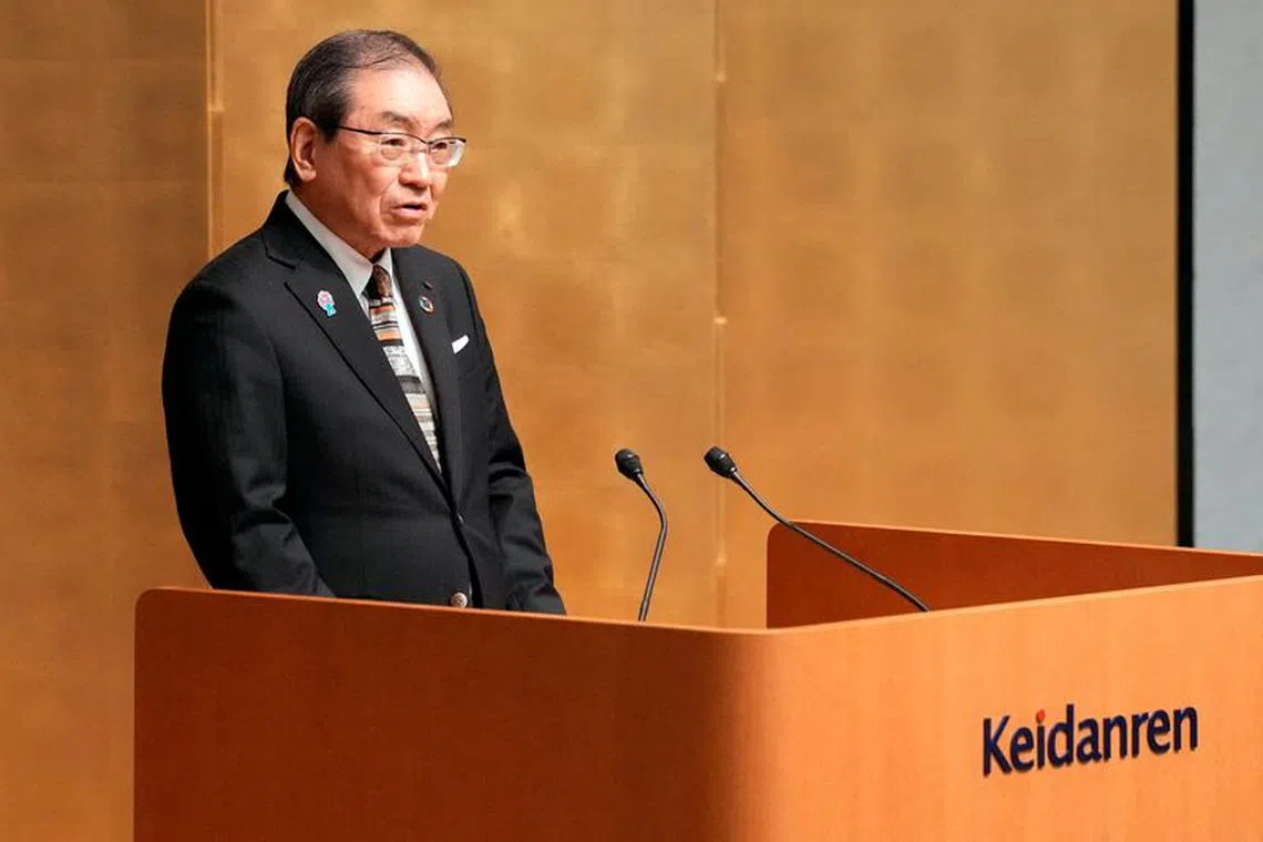 FILE PHOTO: Keidanren (Japan Business Federation) Chairman Masakazu Tokura delivers a speech at the 50th anniversary of ASEAN-Japan Friendship and Cooperation luncheon meeting at Keidanren (Japan Business Federation) in Tokyo, Japan, Dec. 18, 2023. Eugene Hoshiko/Pool via REUTERS/File Photo
