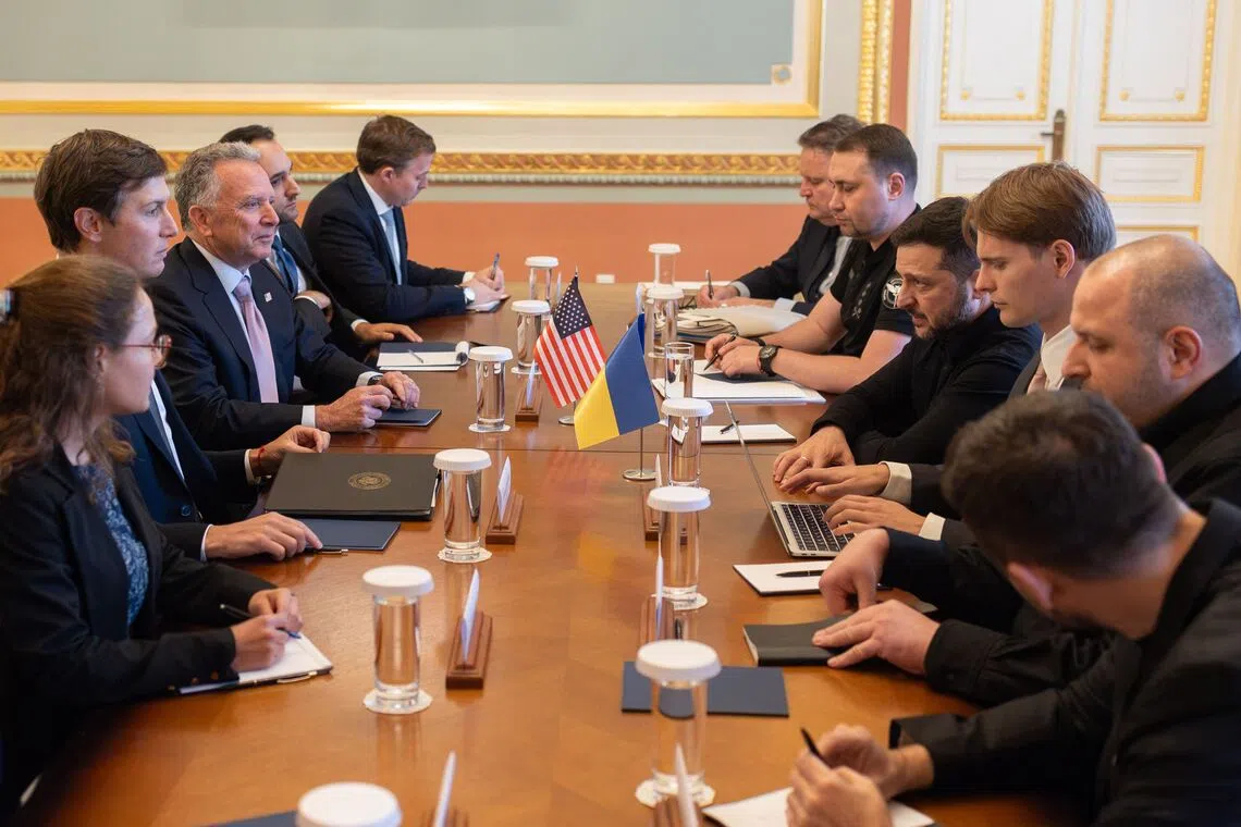 Ukraine’s President Volodymyr Zelensky (fourth from right) meeting with US envoys Steve Witkoff and Jared Kushner (third and second from left, respectively) in Kyiv.