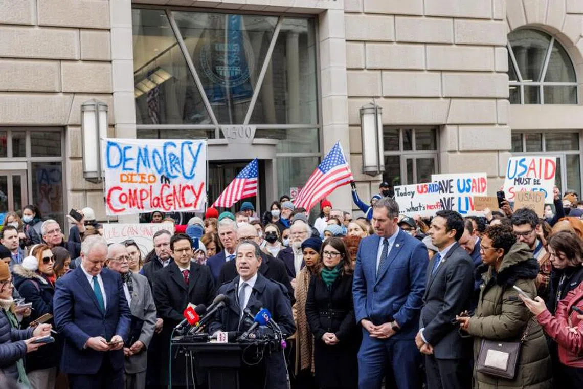 Representative Jamie Raskin, a Democrat from Maryland, speaks outside the US Agency for International Development (USAID) headquarters in Washington, DC, US, on Monday, Feb. 3, 2025. Secretary of State Marco Rubio said he’s now in charge of the US Agency for International Development, after the Trump administration and its allies put senior staff on leave and threatened to shut it down for good. Photographer: Jason C. Andrew/Bloomberg