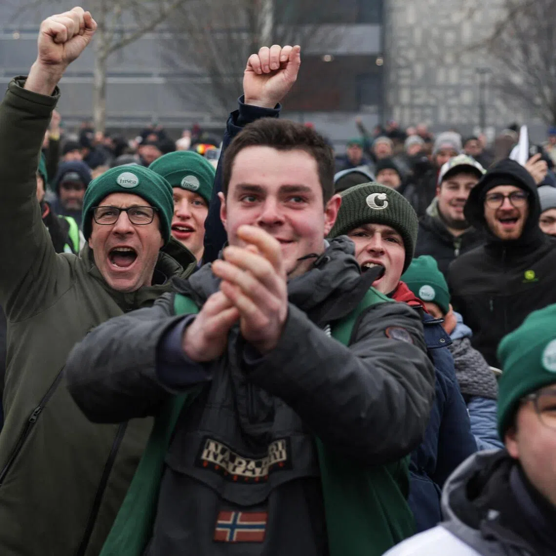 Farmers outside the EU Parliament in Strasbourg, France, celebrating on Jan 21, as lawmakers vote to refer the recently-signed Mercosur trade deal to the courts.