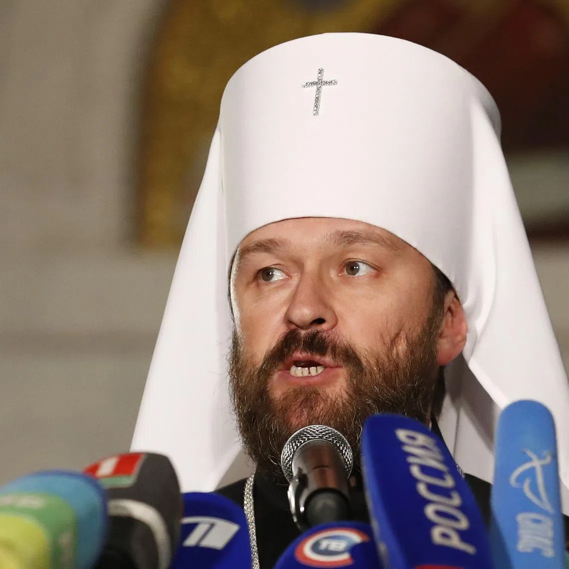 FILE PHOTO: Metropolitan Hilarion, Chairman of external relations department of the Moscow Patriarchate and permanent member of the Holy Synod of the Russian Orthodox Church, speaks during a news conference in Minsk, Belarus October 15, 2018. REUTERS/Vasily Fedosenko/File Photo