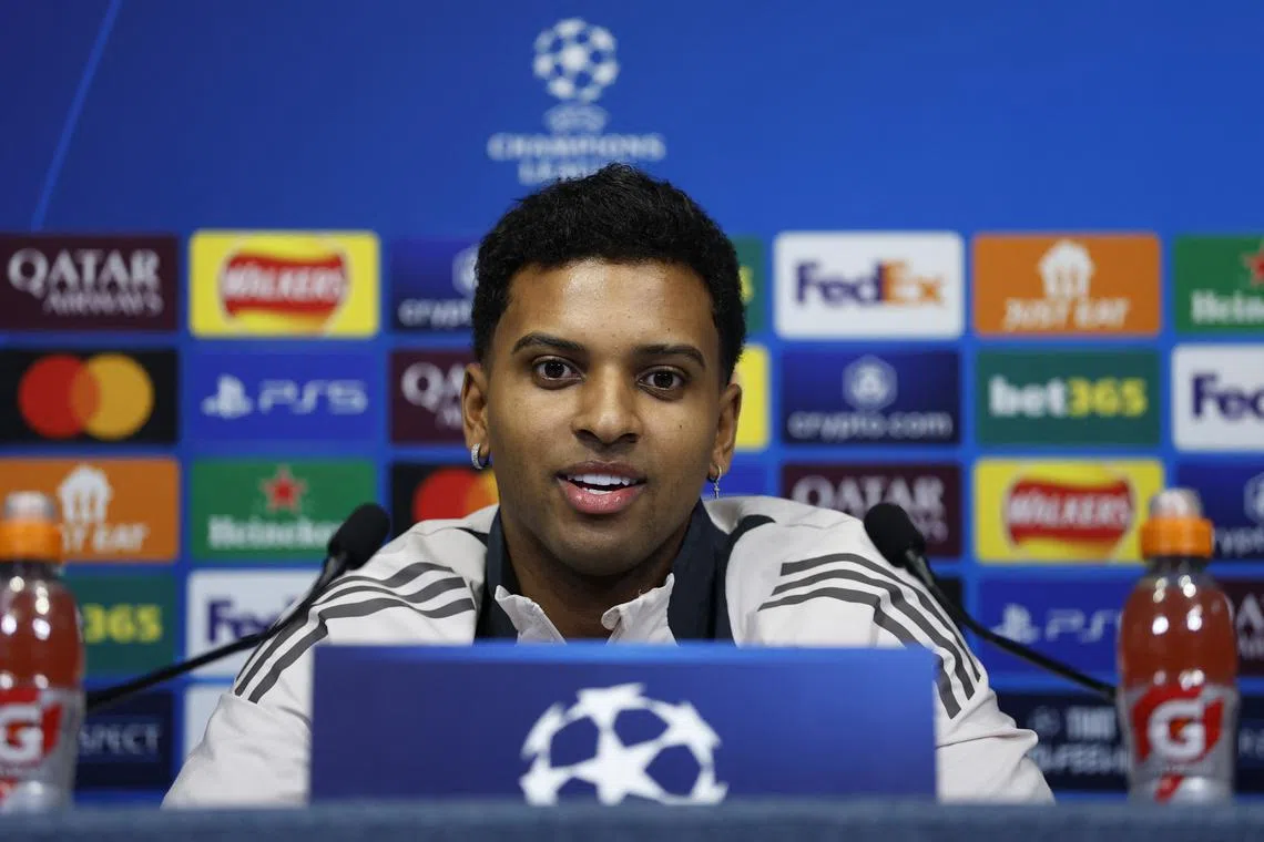 FILE PHOTO: Soccer Football - Champions League - Real Madrid Press Conference  - Etihad Stadium, Manchester, Britain - February 10, 2025 Real Madrid's Rodrygo during the press conference Action Images via Reuters/Jason Cairnduff/File Photo