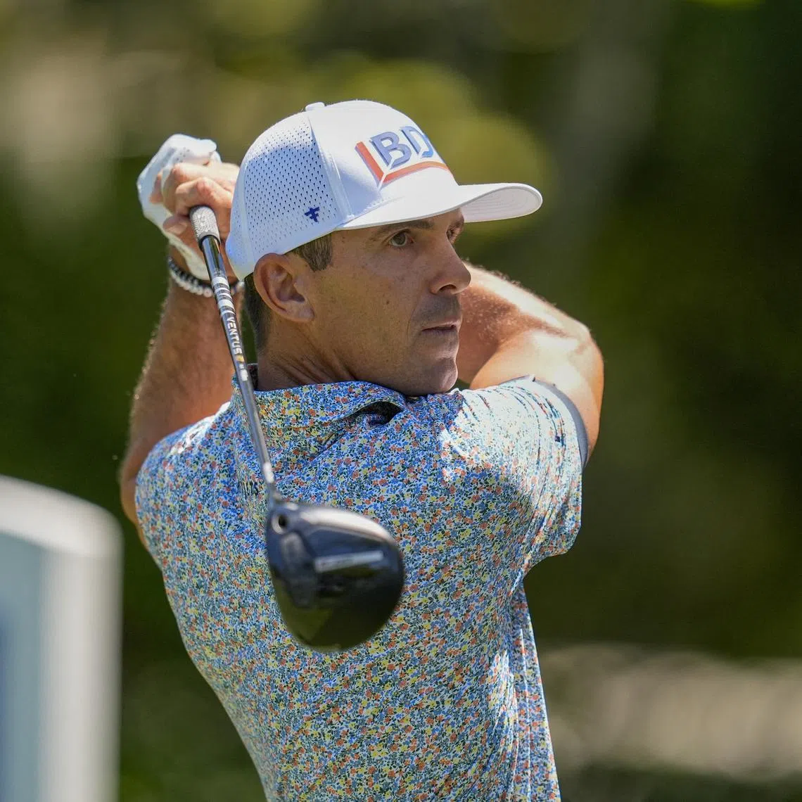Apr 19, 2025; Hilton Head, South Carolina, USA; Billy Horschel tees off on three during the third round of the RBC Heritage golf tournament. Jim Dedmon-Imagn Images