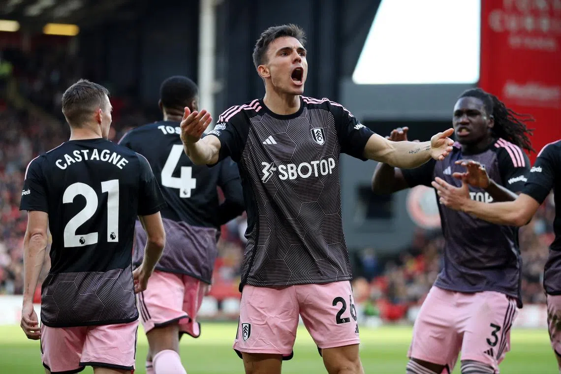 FILE PHOTO: Soccer Football - Premier League - Sheffield United v Fulham - Bramall Lane, Sheffield, Britain - March 30, 2024 Fulham's Joao Palhinha celebrates scoring their first goal REUTERS/Chris Radburn/File Photo