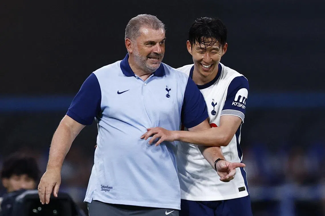 Tottenham manager Ange Postecoglou with his captain Son Heung-min during a pre-season friendly. Spurs will be seeking to qualify for the Champions League this season after finishing fifth last campaign.