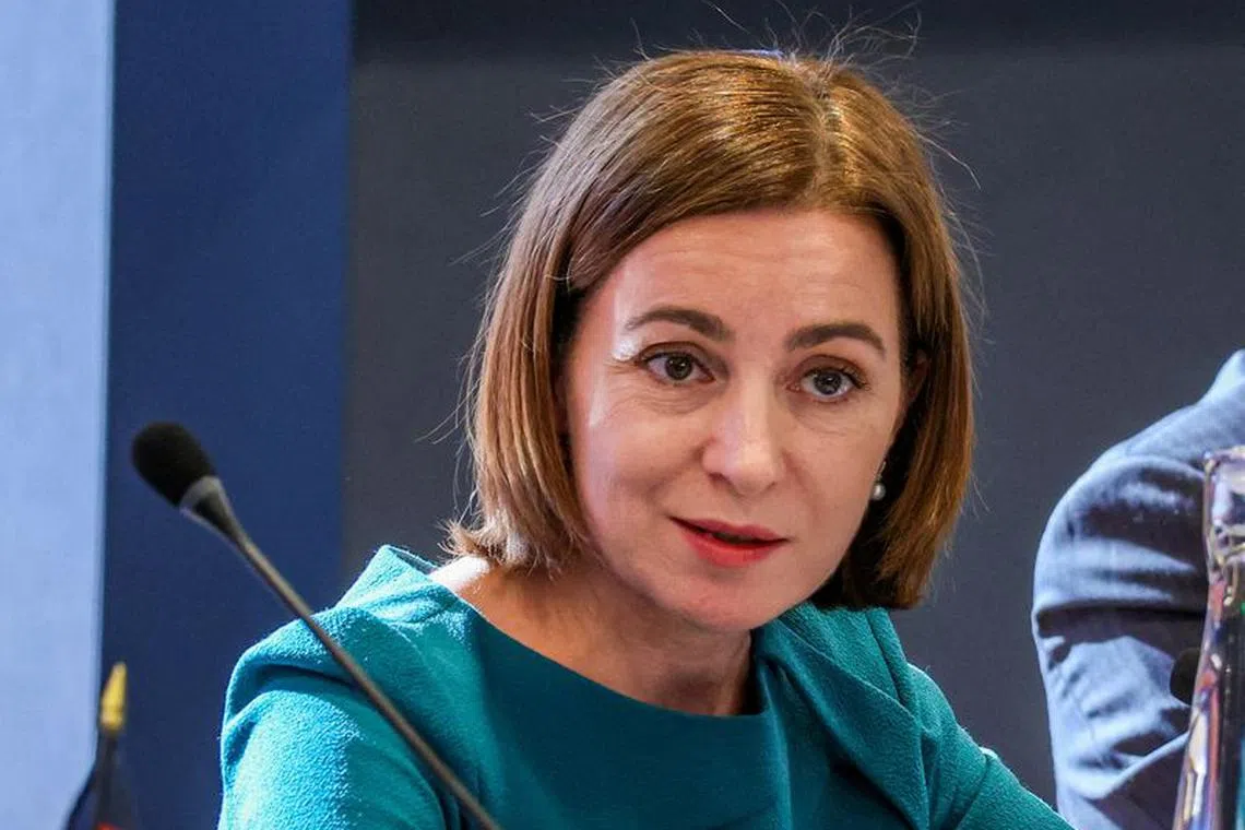 FILE PHOTO: Moldovan President Maia Sandu speaks at the USAID \"Democracy Delivers\" event at the Ford Foundation Center for Social Justice, in New York City, U.S., September 20, 2023, on the sidelines of the 78th United Nations General Assembly.     ZAK BENNETT/Pool via REUTERS/File Photo