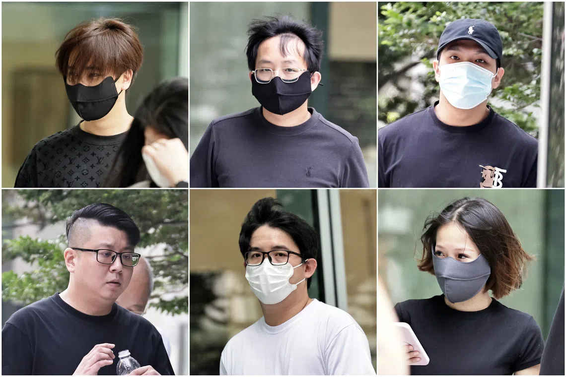 (Clockwise from top left) Wong Ee Wei, Kenneth Tan Hong Chang, Ng Tai Lun, Tiffany Lim Hui Peng, Adrian Chia Hong Qing and Tan Yi Tan were convicted on Sept 17 for being part of a criminal group that stored vape products in two “warehouses”.