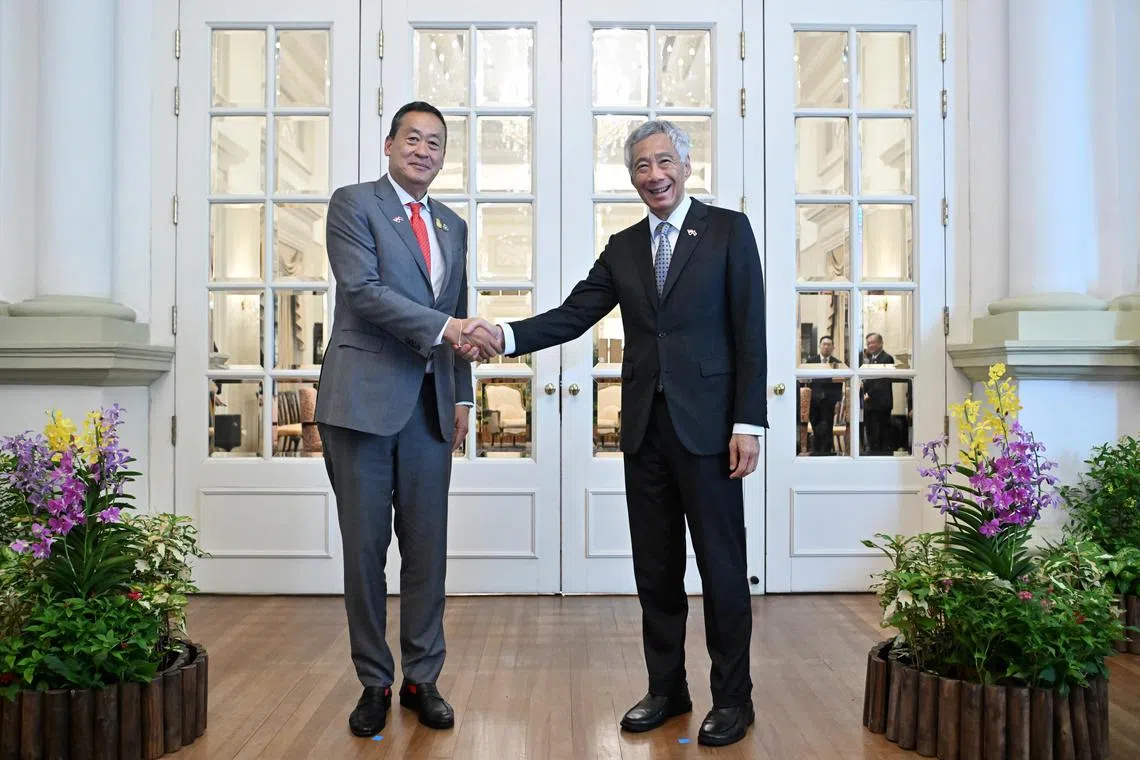 Thailand's Prime Minister Srettha Thavisin (left) with Prime Minister Lee Hsien Loong at the Istana on Thursday. 