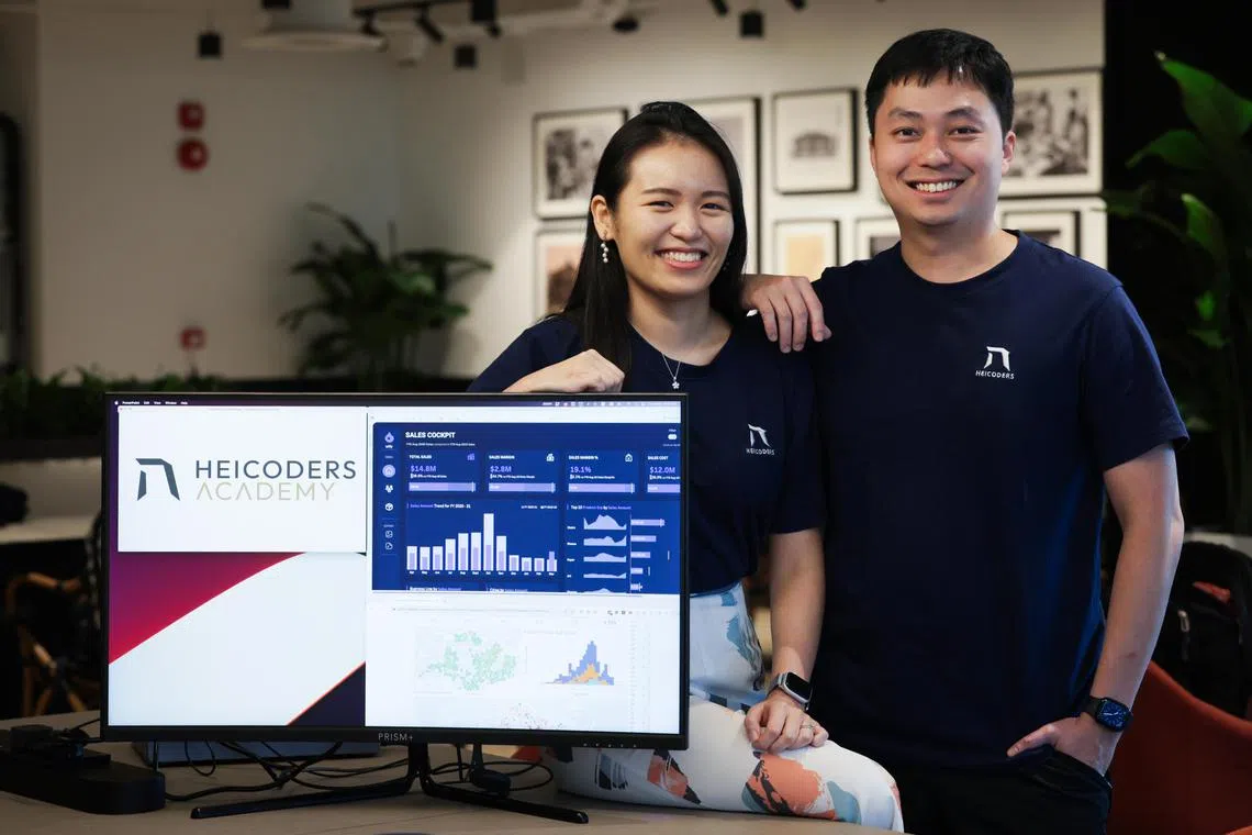 ST20240206_202448367874 : Gin Tay/ vlapps/ Venessa Lee MY/

Profile co-founders of Heicoders Academy, 
Mr Kong Yu Ning 32, and his wife Ms Beh Min Yan 28, photographed at Just Co co-working space in Hong Leong building on Feb 6, 2024.