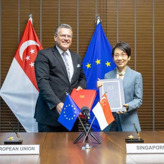 Minister-in-charge of Trade Relations Grace Fu (right) and EU Commissioner for Trade and Economic Security Maros Sefcovic at the signing of the EU-Singapore Digital Trade Agreement in May 2025.