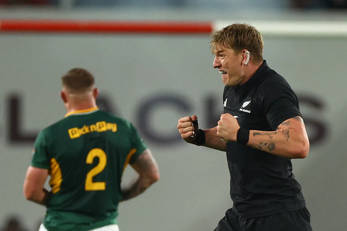 Rugby Union - New Zealand tour of South Africa - South Africa v New Zealand - Ellis Park Stadium, Johannesburg, South Africa - August 22, 2026  New Zealand's Fabian Holland celebrates after the match REUTERS/Siphiwe Sibeko
