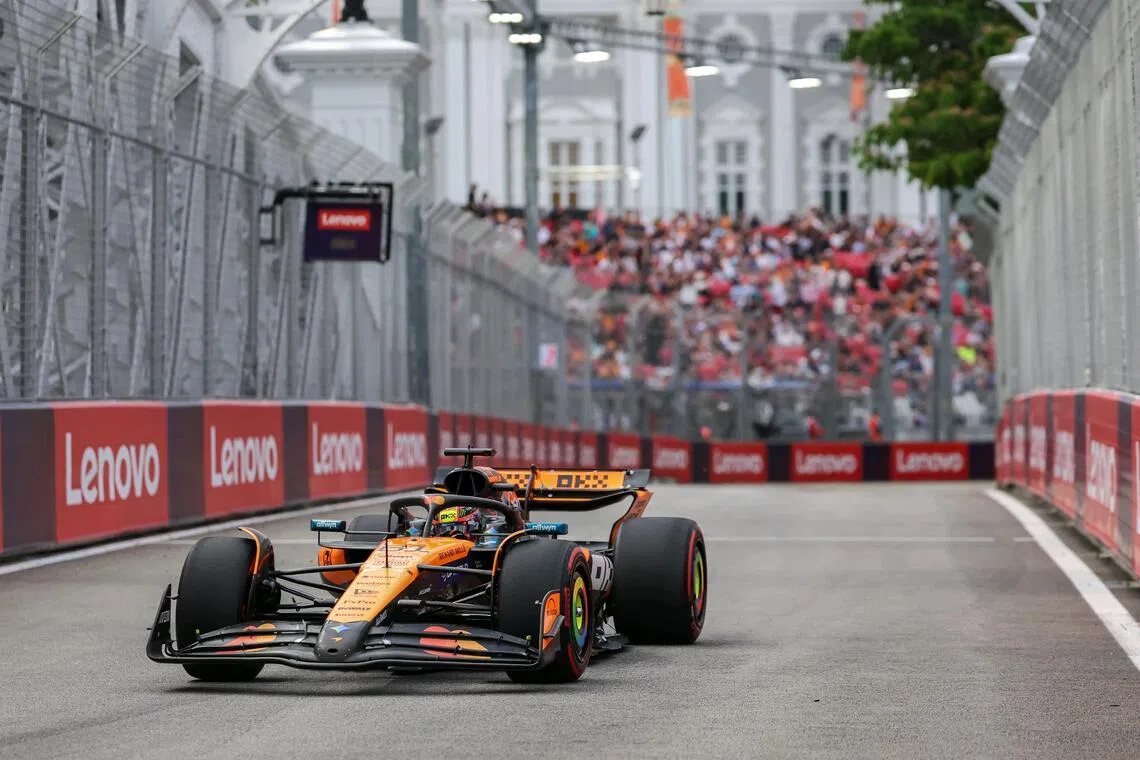 McLaren driver Oscar Piastri in action during the first practice session of the Formula 1 2025 Singapore Airlines Singapore Grand Prix at the Marina Bay Street Circuit on Oct 3, 2025. 