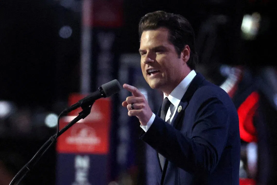 FILE PHOTO: Then-Rep. Matt Gaetz (FL) speaks on Day 3 of the Republican National Convention (RNC), at the Fiserv Forum in Milwaukee, Wisconsin, U.S., July 17, 2024. REUTERS/Jeenah Moon/File Photo