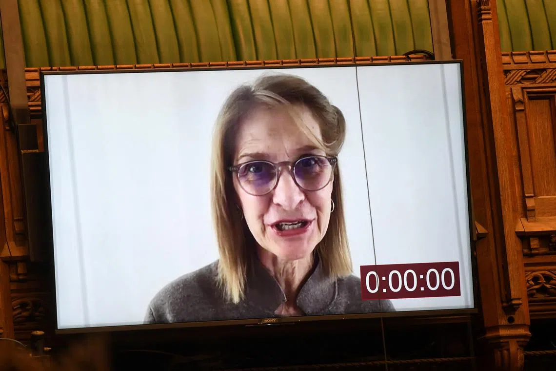 FILE PHOTO: Britain's Liberal Democrat MP Wera Hobhouse is seen on a screen as she speaks during Urgent Question at the House of Commons in London, Britain April 26, 2021. UK Parliament/Jessica Taylor/Handout via REUTERS/File Photo