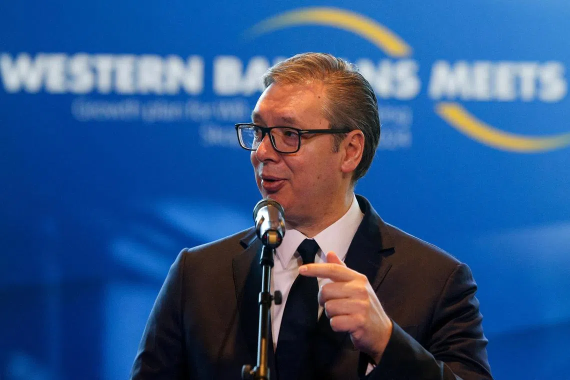 FILE PHOTO: Serbia's President Aleksandar Vucic speaks during a meeting of the Western Balkans leaders in Skopje, North Macedonia, January 22, 2024. REUTERS/Ognen Teofilovski/File Photo