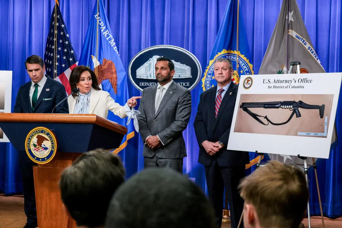 FILE PHOTO: U.S. Attorney for the District of Columbia Jeanine Pirro points at a picture of a shotgun carried by Cole Tomas Allen, the suspect in the shooting incident in Washington at the annual White House Correspondents' Association dinner, as she and acting Attorney General Todd Blanche, U.S. Federal Bureau of Investigation (FBI) Director Kash Patel, Assistant Director in Charge (ADIC) of the FBI Washington Field Office Darren Cox take part in a press conference about the shooting incident, at the U.S. Department of Justice, in Washington, D.C., U.S., April 27, 2026. REUTERS/Kylie Cooper/File Photo