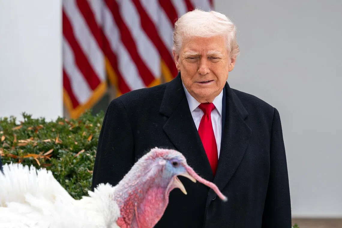 US President Donald Trump taking part the US' annual turkey pardoning ceremony with Gobble, one of the national Thanksgiving turkeys, at the White House on Nov 25.