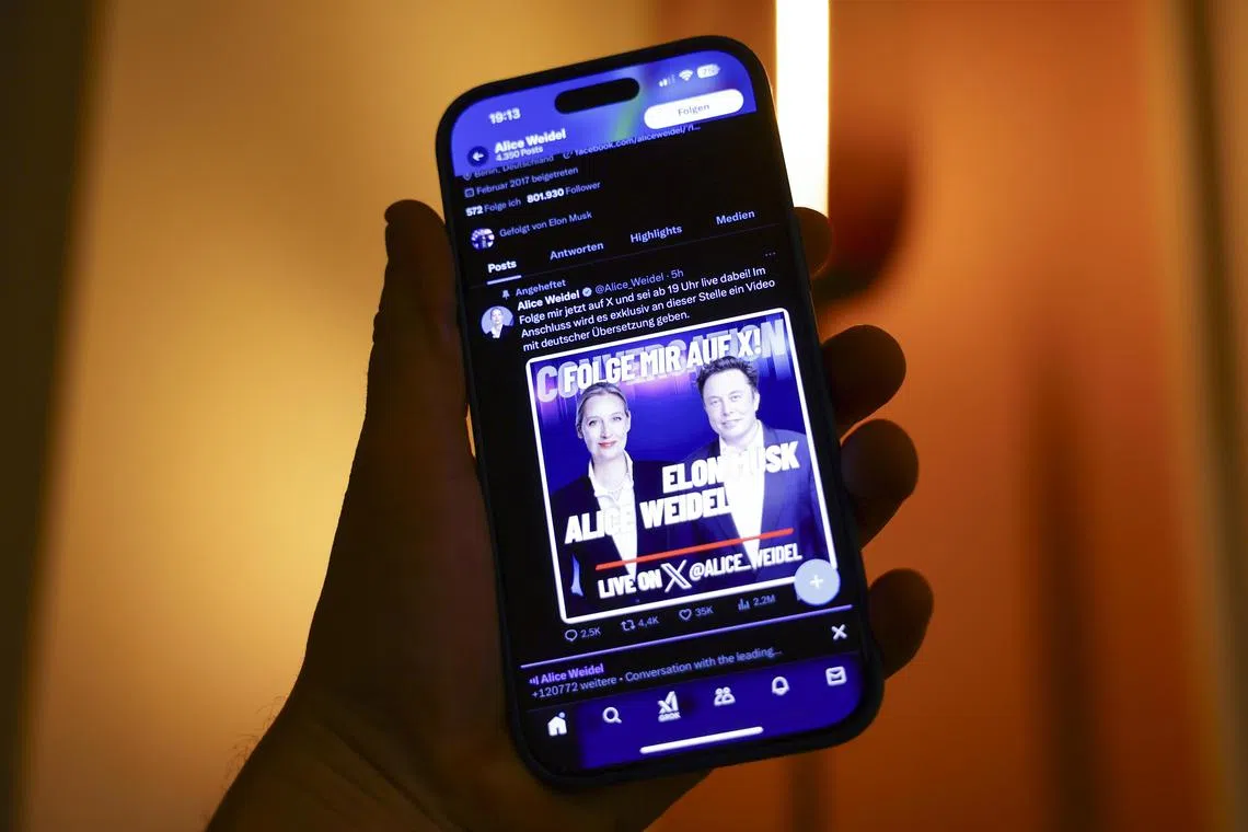 US billionaire Elon Musk spoke to Ms Alice Weidel, the far-right AfD party's candidate to be German chancellor, on his X social media platform.