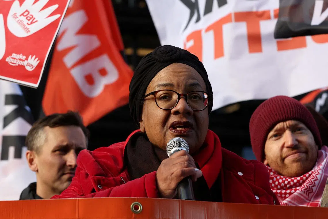 FILE PHOTO: Labour MP Diane Abbott joins protesters outside the Amazon headquarters during Black Friday in London, Britain, November 24, 2023. REUTERS/Hollie Adams/File Photo