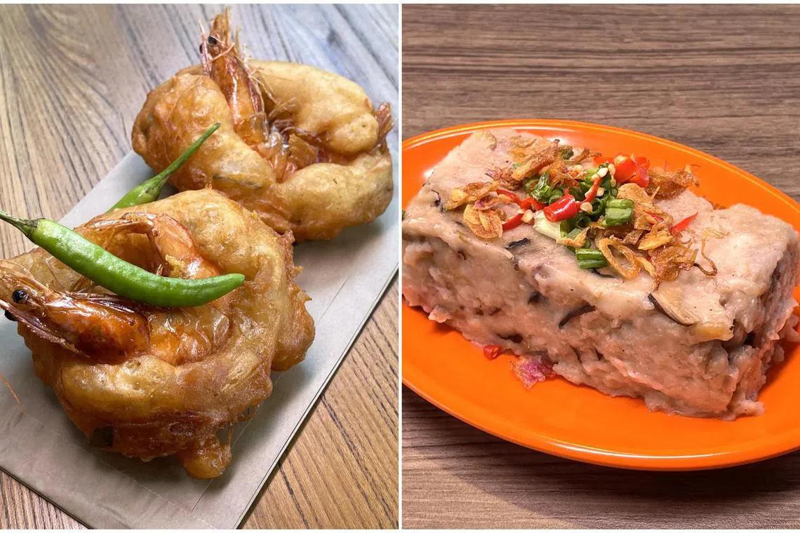 Wadeh udang from Nenda’s Fritters in Ang Mo Kio (left) and Yam cake from 2112 Snack Delight.