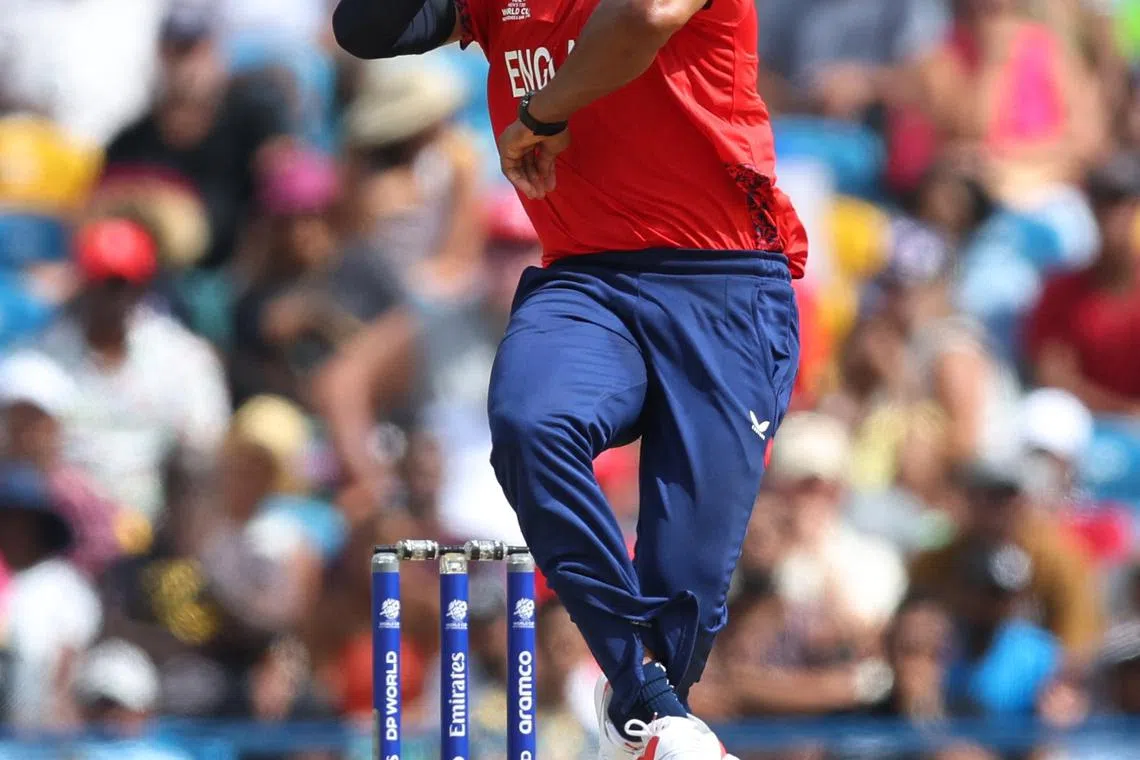 Cricket - ICC T20 World Cup 2024 - Group B - Australia v England - Kensington Oval, Bridgetown, Barbados - June 8, 2024 England's Chris Jordan in action REUTERS/Ash Allen