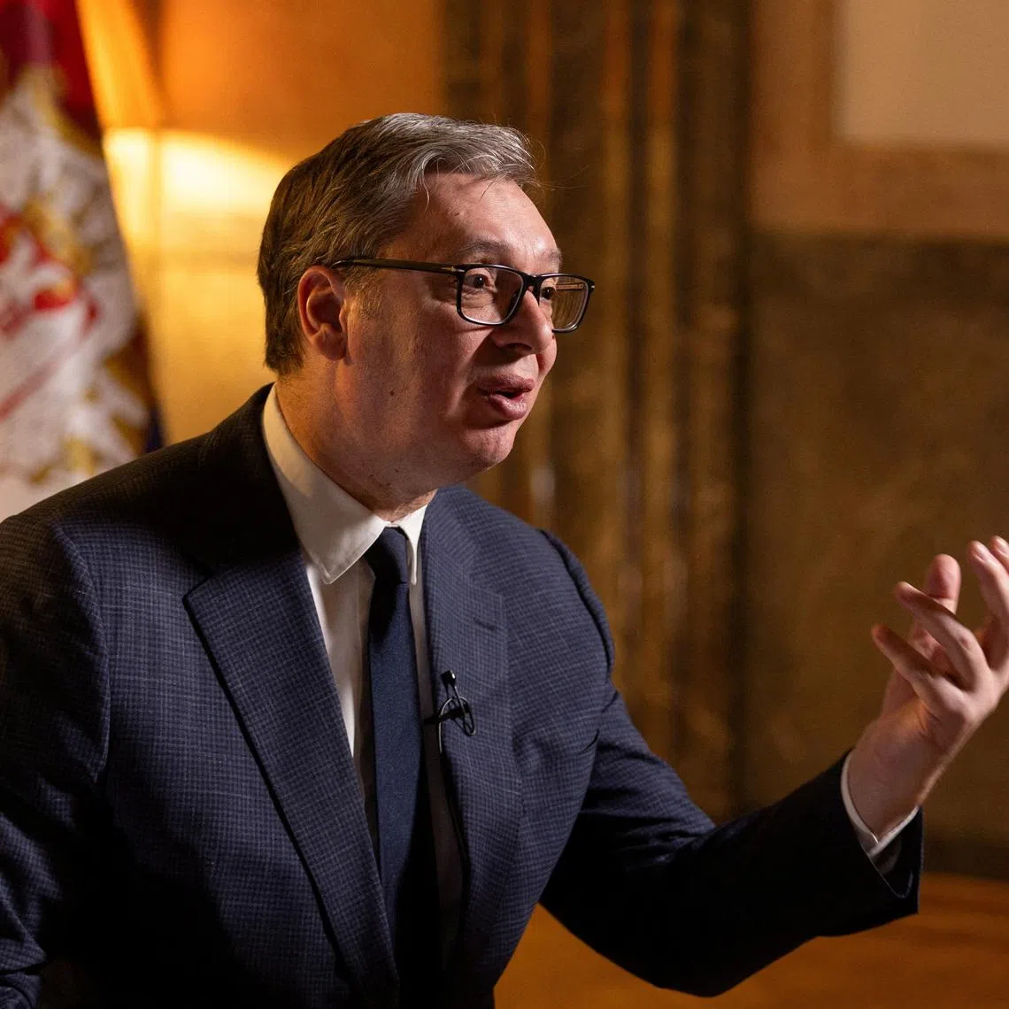 FILE PHOTO: Serbian President Aleksandar Vucic speaks during an interview with Reuters in Belgrade, Serbia, February 4, 2026. REUTERS/Djordje Kojadinovic/File Photo