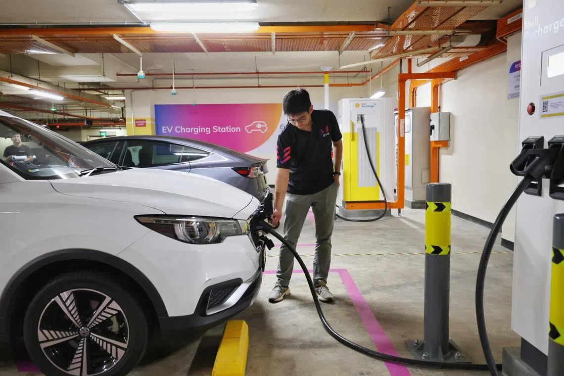 ST20240118_202425877923/yfece18/Yufeng/Jason Quah

The electric vehicle (EV) charging station at the carpark of HDB Hub pictured on Jan 18, 2024.
//
EV-Electric Charging Pte Ltd (EVe) will be marking the milestone of 1 in 3 HDB carparks being EV-Ready, and it will be launching fast chargers at HDB town centres.
