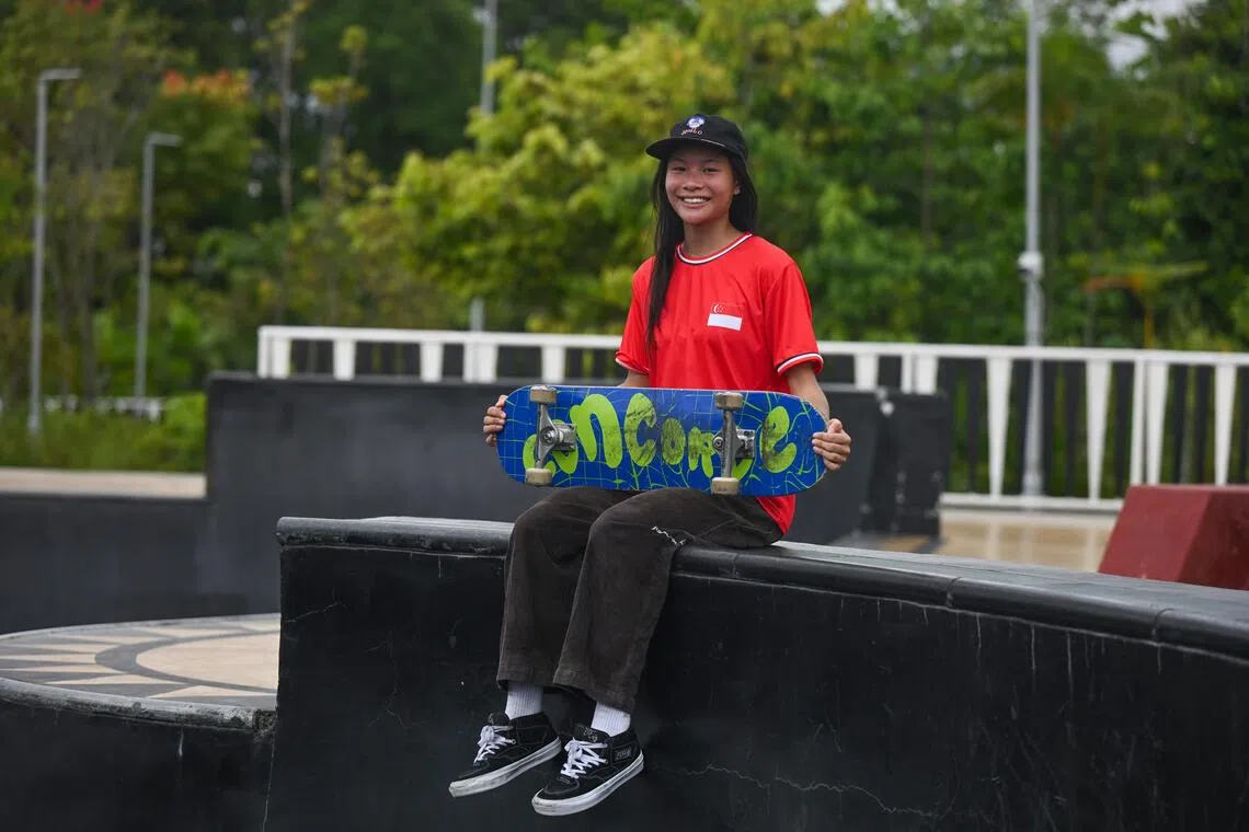 ST20251206_202582800831 Azmi Athni ayyskate//

Temasek Poly student Tina Wan, 19, who is making her debut in skateboarding at the SEA Games.

ST PHOTO: AZMI ATHNI