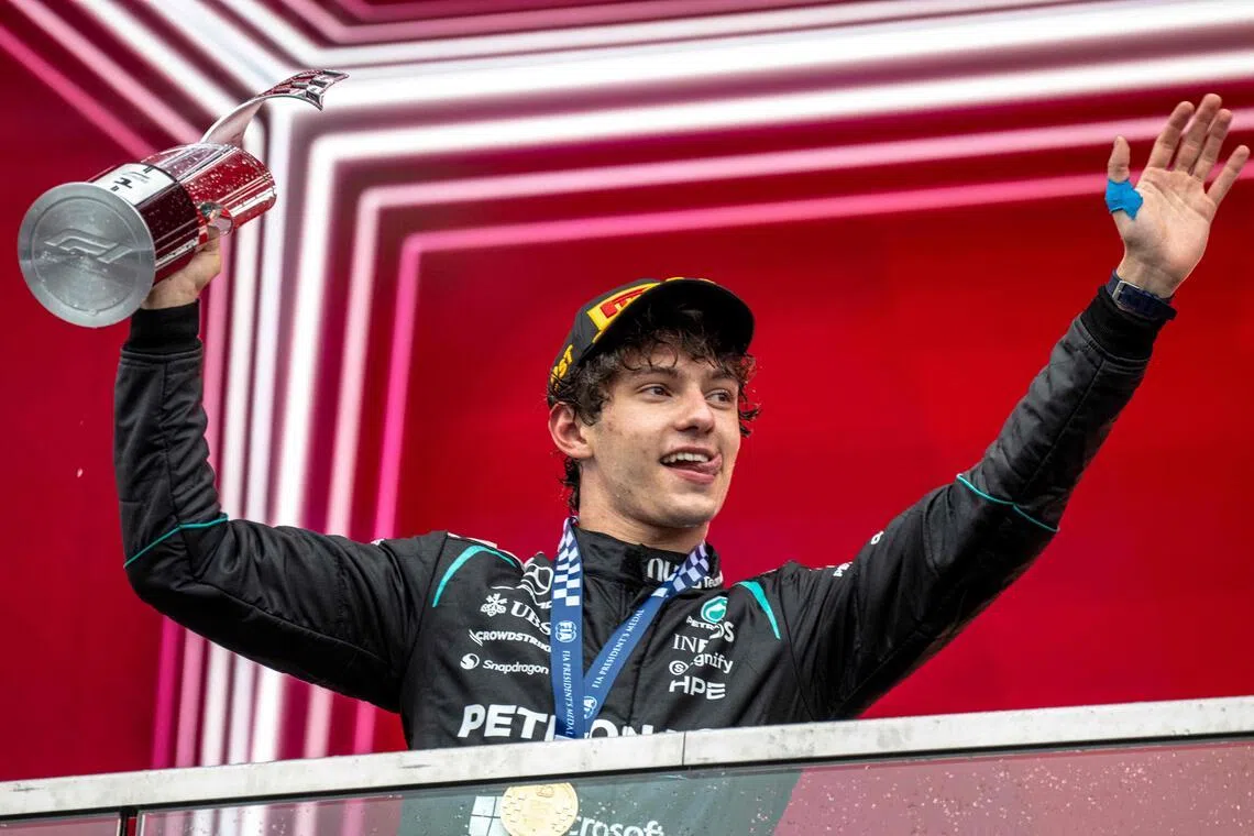 Mercedes' Italian driver Kimi Antonelli celebrates after winning the Canadian Grand Prix.