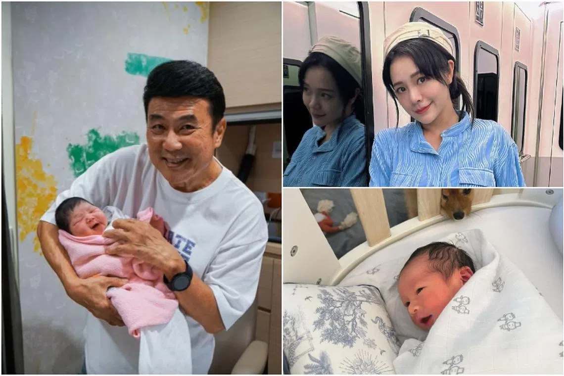 Ah Girls Go Army director Jack Neo (left) with his newborn granddaughter. Ah Girls Go Army lead actress Apple Chan (top right) has given birth to a son (bottom right). 