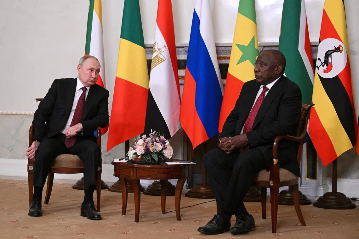 Russian President Vladimir Putin (left) and South African President Cyril Ramaphosa meeting in Saint Petersburg, Russia, in June 2023.