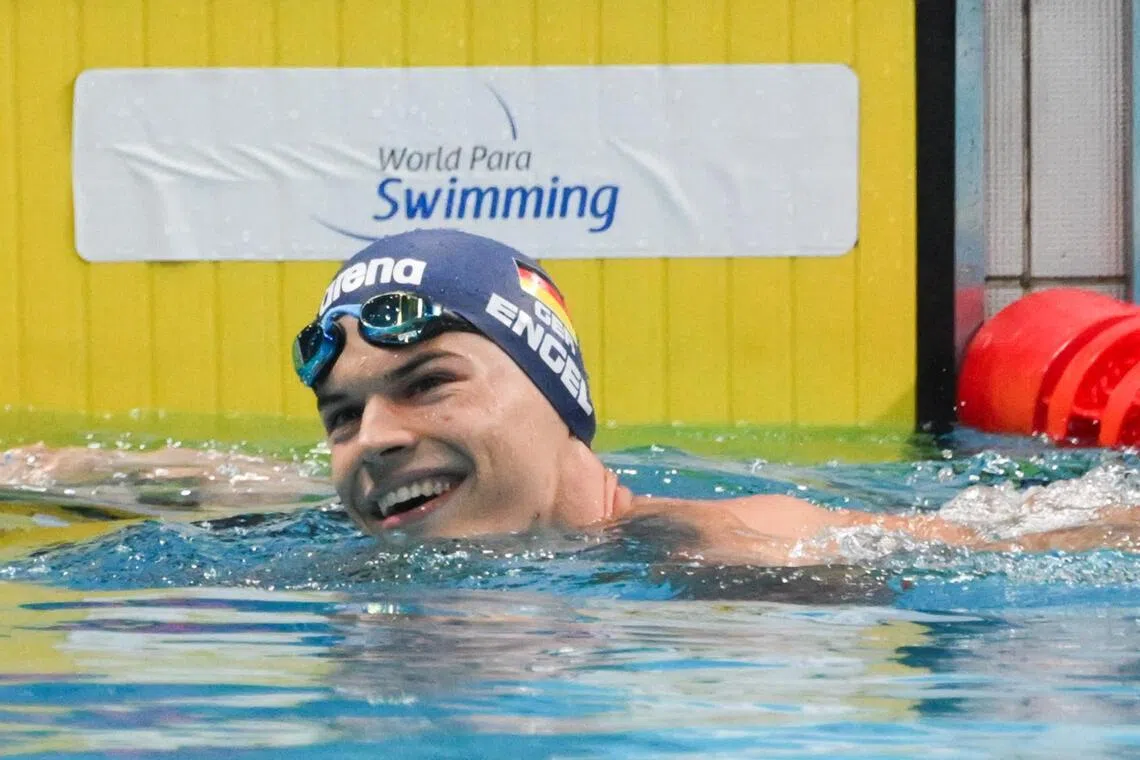 Germany's Taliso Engel smiling after winning the men's 100m breaststroke SB13 final in a world record time of 1:01.69 at the World Para Swimming Championships Singapore at the OCBC Aquatic Centre on Sep 22.