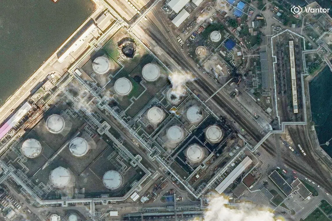 A satellite image shows an oil terminal after an attack on July 4.