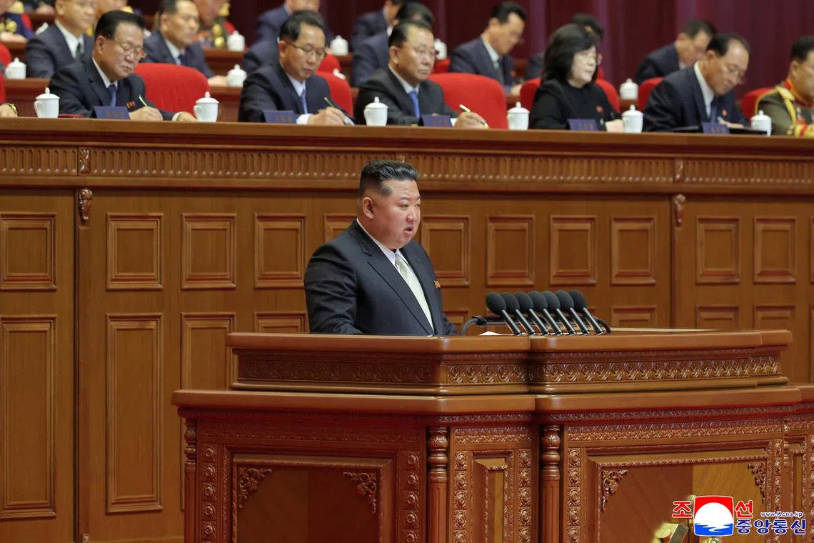 North Korean leader Kim Jong Un speaks during the fifth session of the Ninth Congress of the Workers' Party of Korea (WPK), in Pyongyang, North Korea, February 23, 2026, in this picture released February 24, 2026, by North Korea's official Korean Central News Agency. KCNA via REUTERS