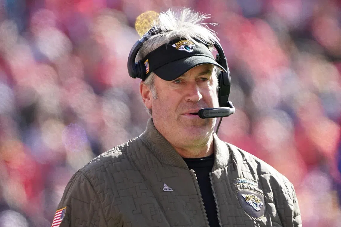 FILE PHOTO: Nov 13, 2022; Kansas City, Missouri, USA; Jacksonville Jaguars head coach Doug Pederson on the sidelines against the Kansas City Chiefs during the first half of the game at GEHA Field at Arrowhead Stadium. Mandatory Credit: Denny Medley-USA TODAY Sports/File Photo