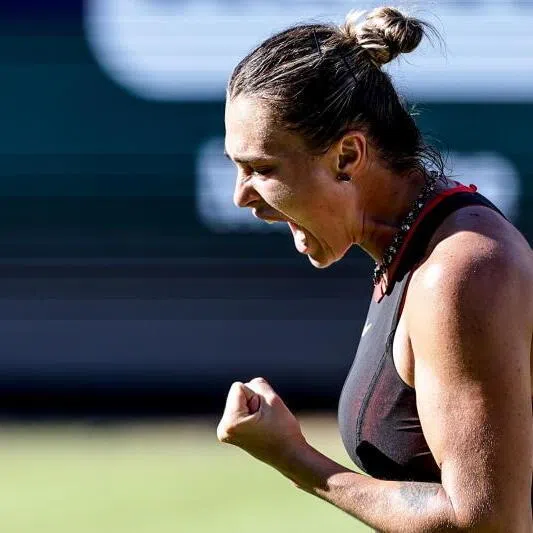 Belarus' Aryna Sabalenka reacts during the women's singles quarter-final match against Czech Nikola Bartunkova at the WTA 500 Berlin Open tennis tournament at Steffi Graf Stadium.