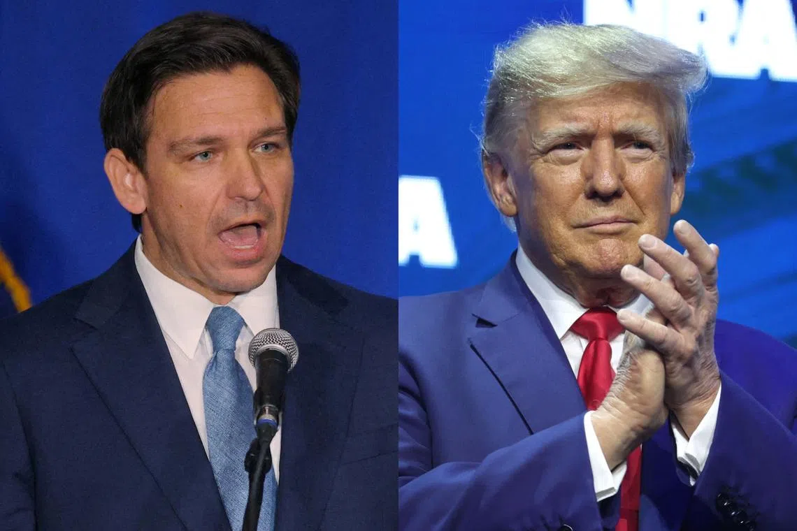 Mr DeSantis (left), who is expected to launch a run for the US presidency, is in second position in polls to Mr Trump.
