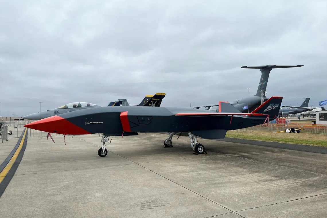 A Boeing MQ-28 Ghost Bat fighter-like drone is kept on display at the Australian International Airshow, in Avalon, Australia February 28, 2023. REUTERS/Jamie Freed