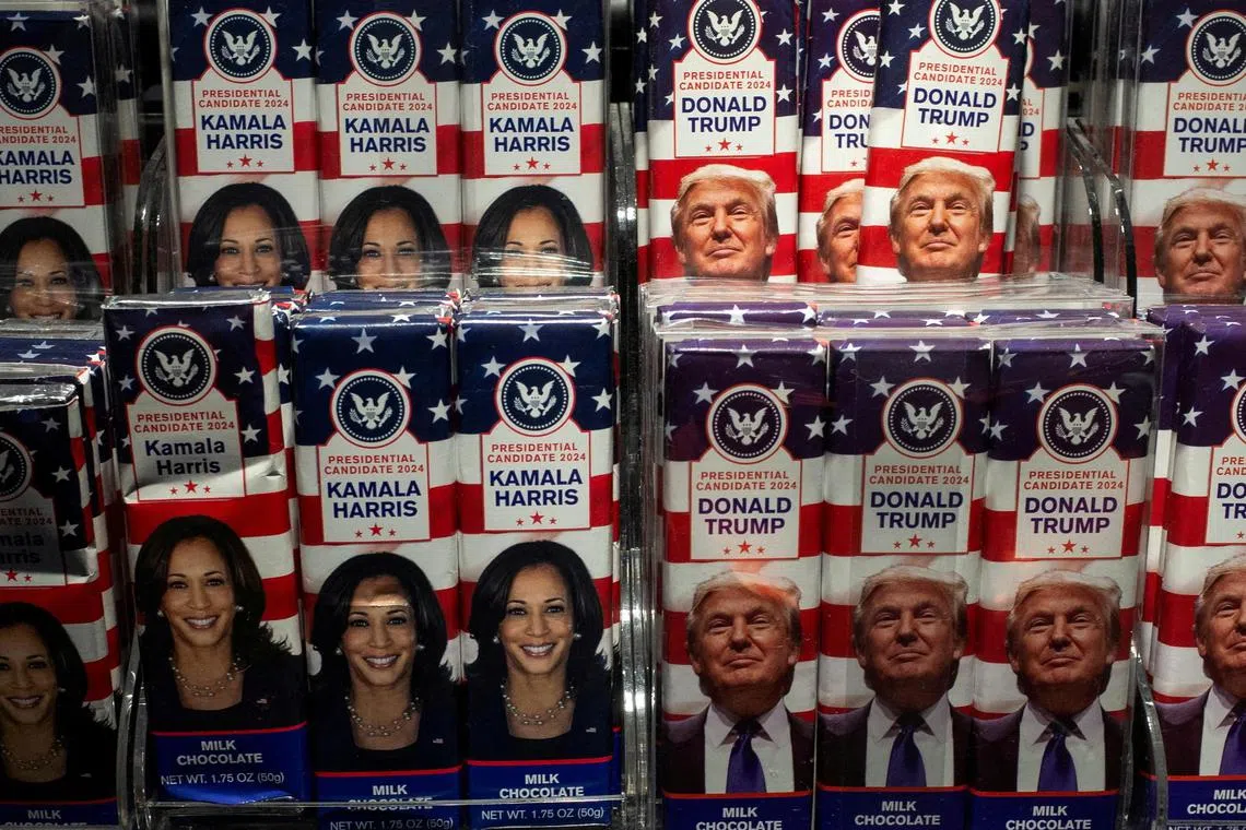 Chocolate bars with the faces of Vice-President Kamala Harris and former president Donald Trump are displayed at a store in New York.