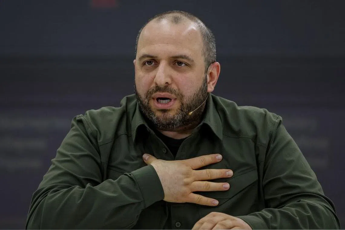 Ukraine's Defence Minister Rustem Umerov delivers a speech at a joint press conference with Latvian Defense Minister Andris Spruds, amid Russia's attack on Ukraine, in Kyiv, Ukraine December 12, 2023. REUTERS/Alina Smutko