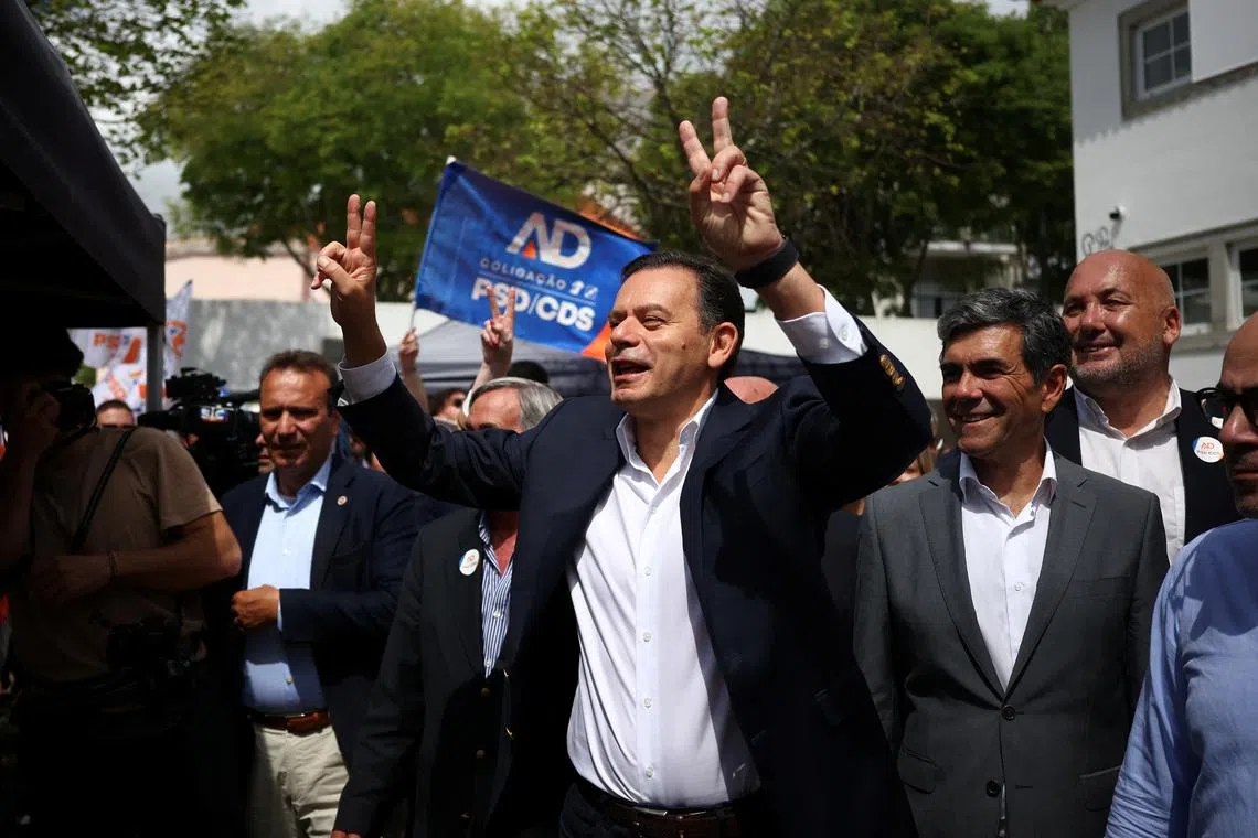 Luis Montenegro, Prime minister and Social Democratic Party (PSD) leader, takes part in AD coalition rally, ahead of the snap elections, in Sintra, Portugal, May 6, 2025. REUTERS/Pedro Nunes