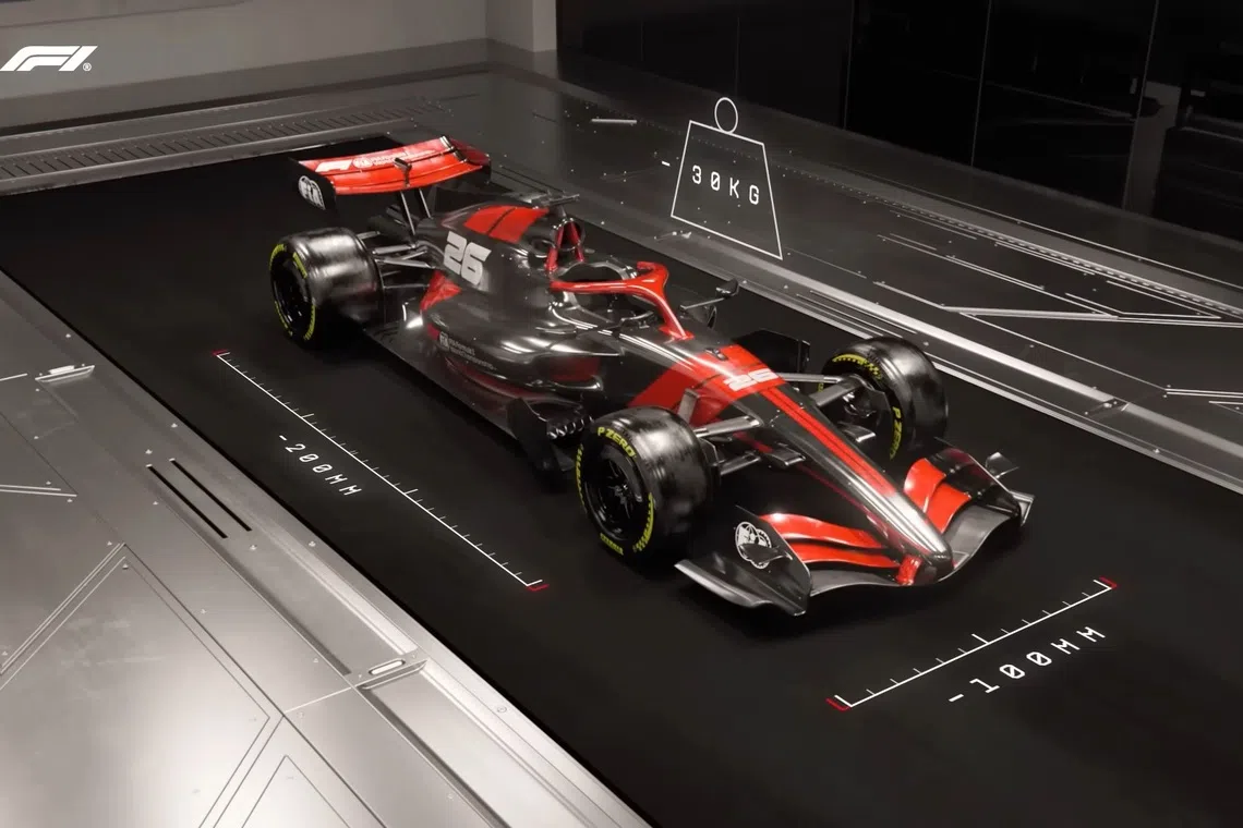 The new F1 cars will be thinner and lighter, with narrower tyres and a 50/50 split on internal combustion, using sustainable fuel, and electric power.