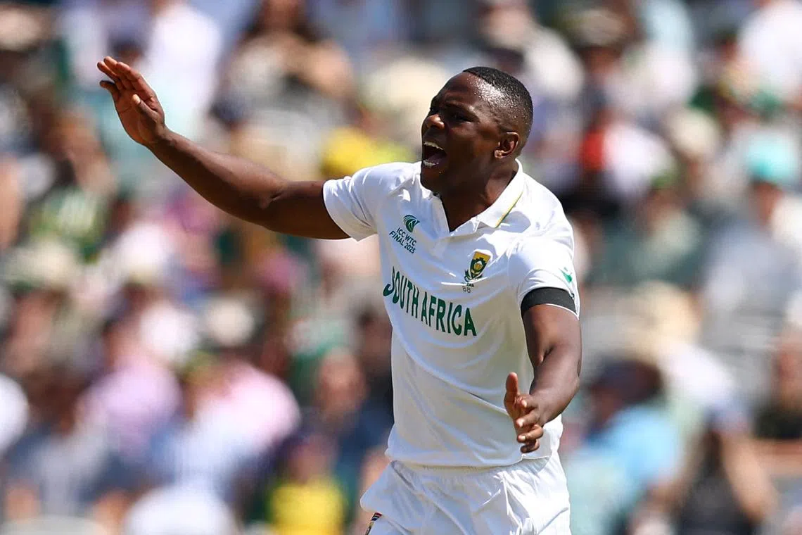 FILE PHOTO: Cricket - 2025 ICC World Test Championship Final - South Africa v Australia - Lord's Cricket Ground, London, Britain - June 13, 2025 South Africa's Kagiso Rabada appeals successfully for the LBW wicket of Australia's Nathan Lyon Action Images via Reuters/Andrew Boyers/File Photo