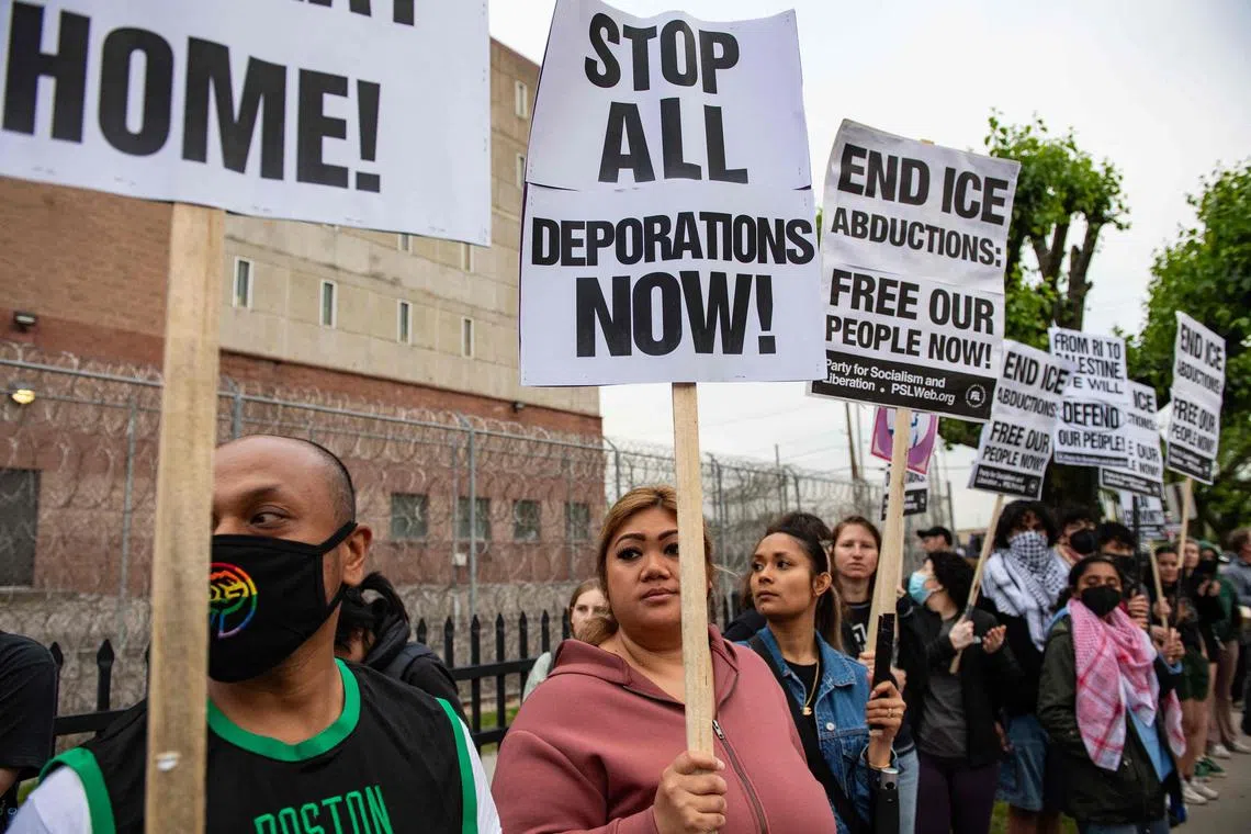 Demonstrators picket for the release of immigrants detained by ICE at the Donald W. Wyatt Detention Facility in Central Falls on Rhode Island.