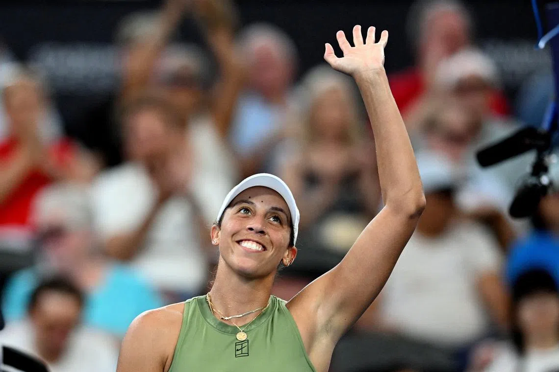 Tennis - Brisbane International Tennis Tournament - Queensland Tennis Centre, Brisbane, Australia - January 6, 2026 Madison Keys of the U.S. celebrates winning her round of 32 match against McCartney Kessler of the U.S. Darren England/AAP Image via REUTERS