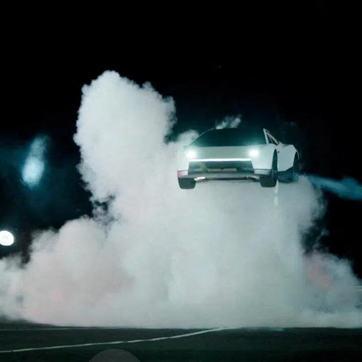 Tesla demonstrated the two-seater vehicle driving upside down on a ramp using a suction system and turning in the air and landing using in-built thrusters.