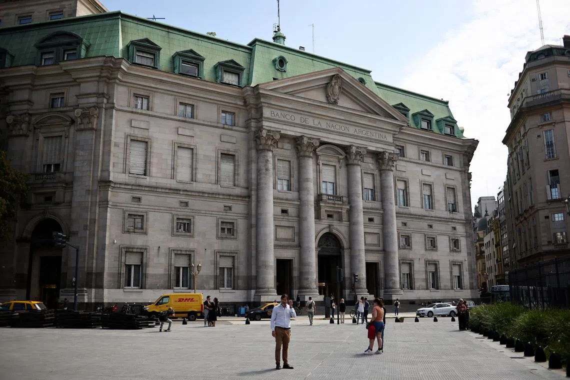 FILE PHOTO: A general view of Argentina's Banco de la Nacion bank, after Argentine Economy Minister Luis Caputo and the International Monetary Fund (IMF) separately said the country and the IMF were discussing a loan, in Buenos Aires, Argentina March 27, 2025. REUTERS/Agustin Marcarian/File Photo