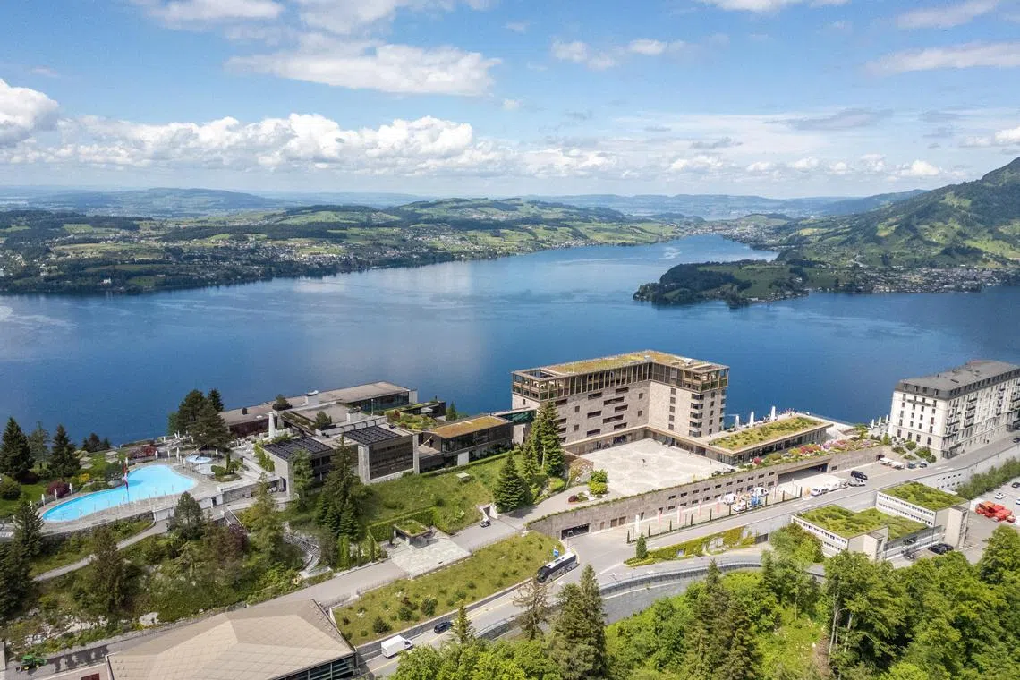 A drone view of the Burgenstock Resort where the Summit on Peace in Ukraine will take place June 15 and 16 in Burgenstock near Lucerne, Switzerland, May 28, 2024.  REUTERS/Denis Balibouse